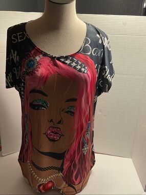 Desigual Black Tee with Pink Graphic Portrait and Multicolor Accents